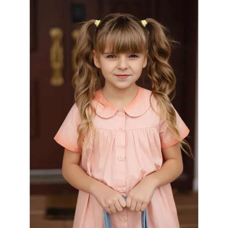 Peach and Blue Sibling Matching Outfits, Cotton Girls Collared Dresses, Boys Shirts and Shorts, Baby Rompers and Toddler Two-Piece Clothing