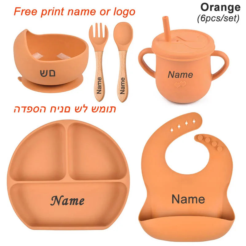 Personalized Baby Feeding Set with Silicone Suction Plate, Bowl, Spoon and Fork, 4-Piece or 6-Piece Tableware Options for Supervised Mealtimes