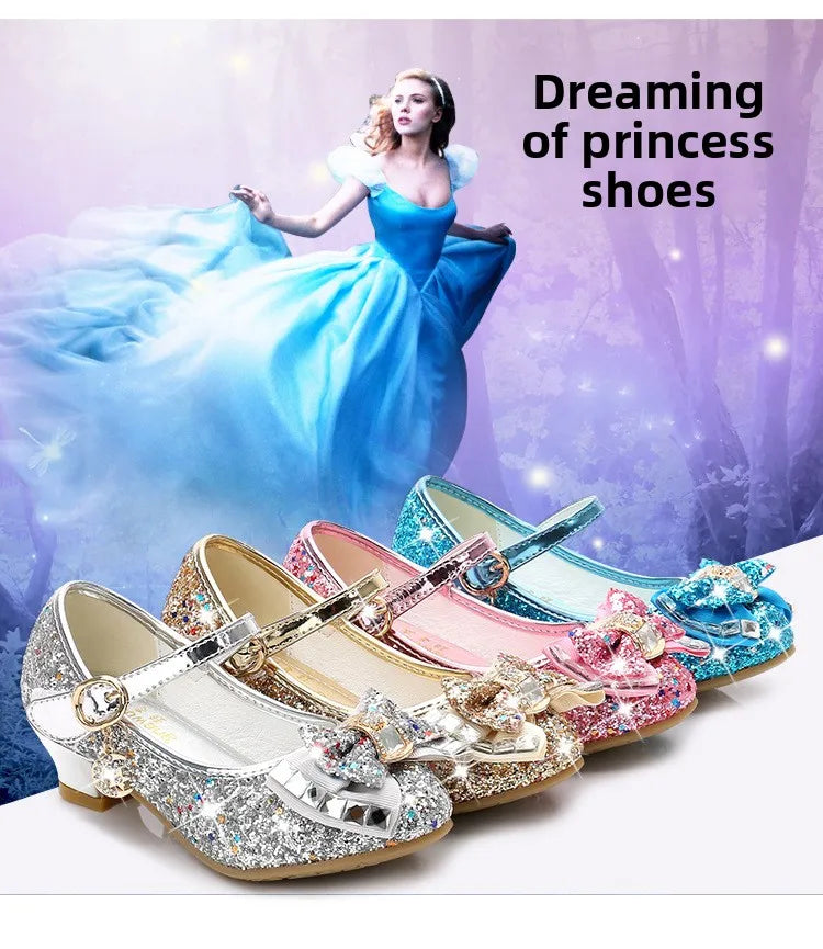 Bow-Accent Glitter Mary Jane Shoes for Girls with Buckled Strap and Block Heel, Sparkling Princess Dress Shoes for Parties and Weddings