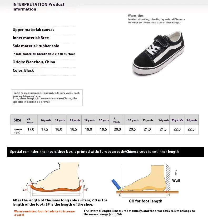 Kids Low-Top Canvas Shoes in Black and White with Hook-and-Loop Strap, Lace Detail and Contrast Side Stripe for Everyday Casual Outfits
