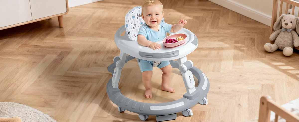 Baby Walker Activity Center in White, 4-in-1 Play Design with 3 Frame Height Settings, 5 Seat Adjustments and Wheeled Base for Indoor Use