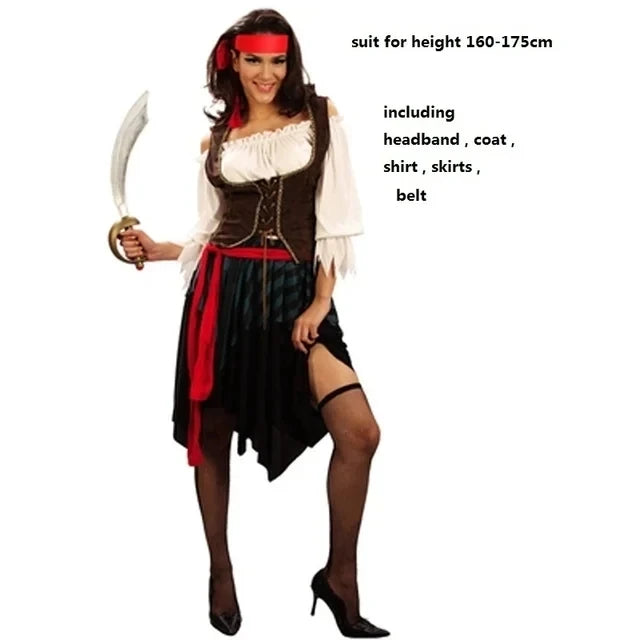 Pirate Captain Cosplay Outfit for Adults, Men’s Pants or Women’s Skirt Costume with Head Scarf and Vest for Halloween and Carnival