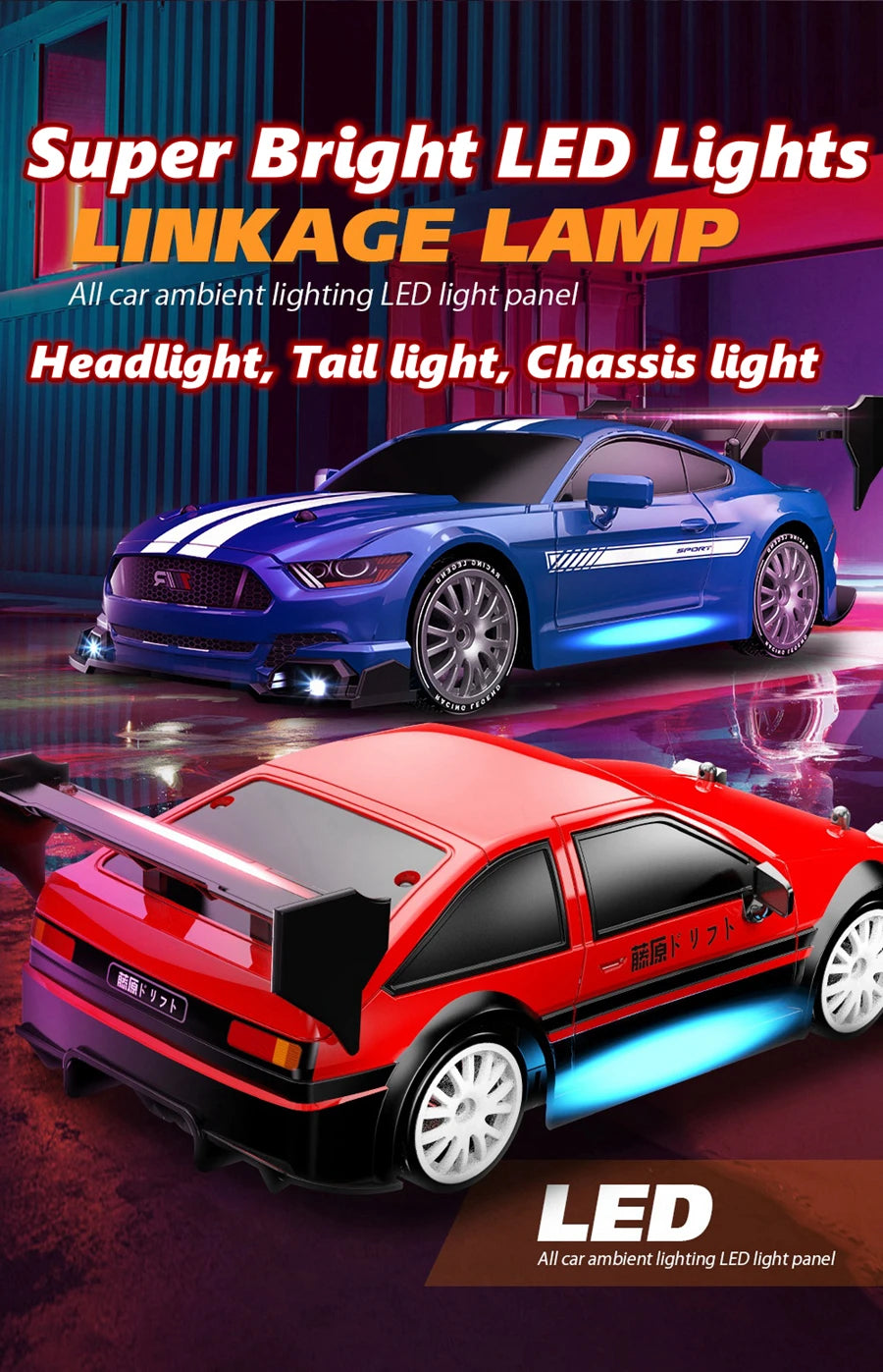 RC Drift Racing Car with 4WD, 2.4GHz Proportional Remote Control, LED Lights and Replaceable Racing and Drift Tires for Kids and Adults