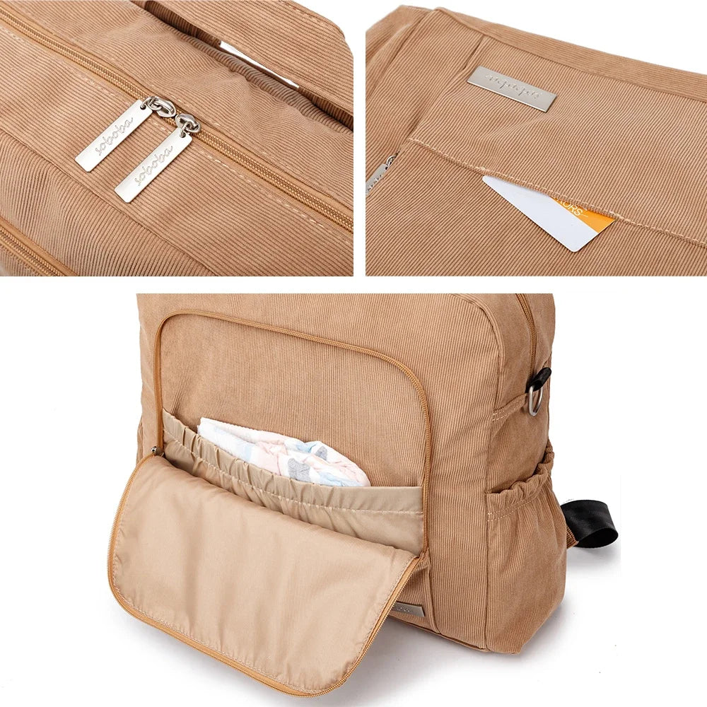 Corduroy Diaper Backpack by Soboba, Large Capacity Baby Changing Bag with Interior Pockets, Front Zip Storage and Side Pockets for Daily Outings