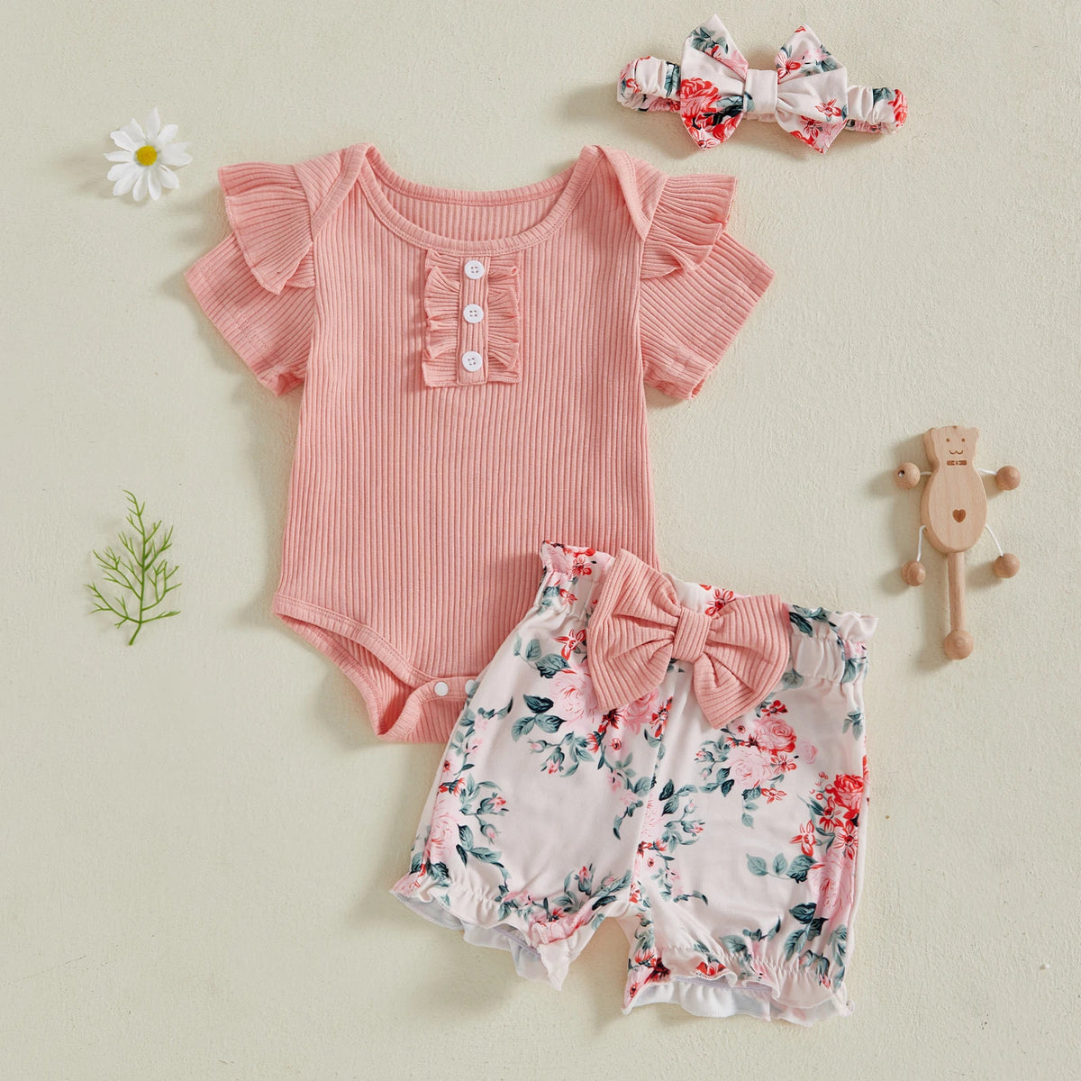 Baby Girl Summer Outfit Set, 3-Piece Ribbed Short Sleeve Romper with Floral or Cow Print Bow Shorts and Matching Headband, 0-18 Months
