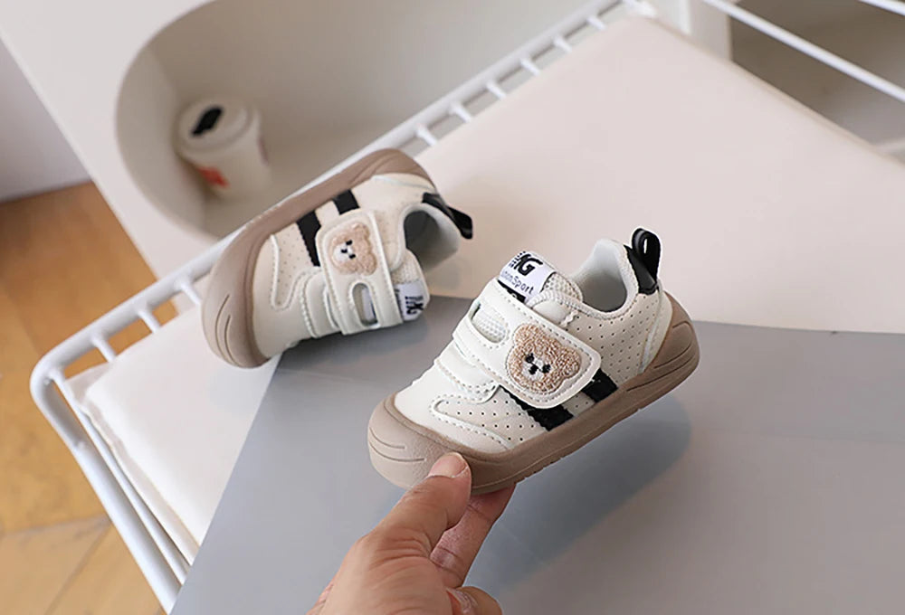 Toddler Bear Sneakers with Hook-and-Loop Strap, Perforated Upper and Striped Sides, Baby Boys and Girls Casual Shoes in Black Gold or Red, Sizes 16-25