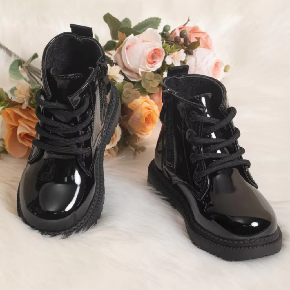 Kids PU Leather Combat Ankle Boots with Lace-Up Front, Side Zipper and Black Chunky Soles, Boys and Girls Fall Winter Shoes in Sizes 21-30