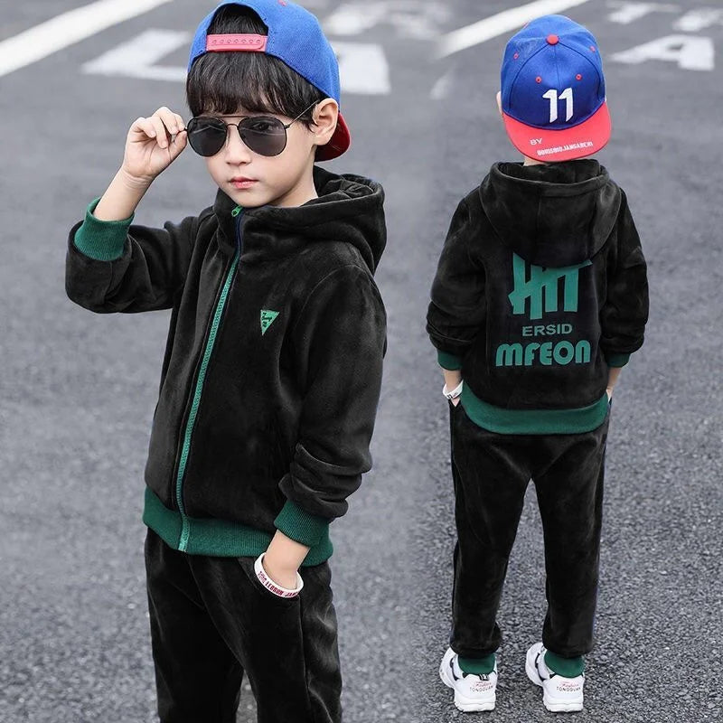 Boys Winter Tracksuit Set with Velvet-Texture Zip-Up Hooded Jacket and Matching Pants, 2-Piece Polyester Outfit for Ages 3-10