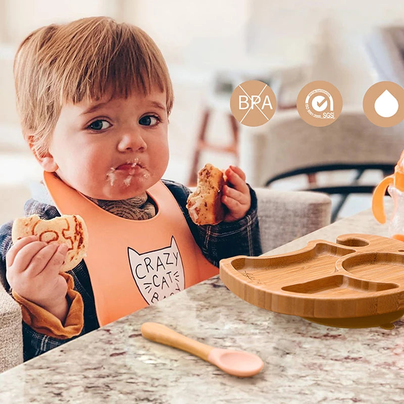 Baby Bamboo Suction Plate Set with Wooden-Handle Spoon and Fork, 3-Piece Cartoon Dinnerware with Divided Elephant Design for Toddler Meals
