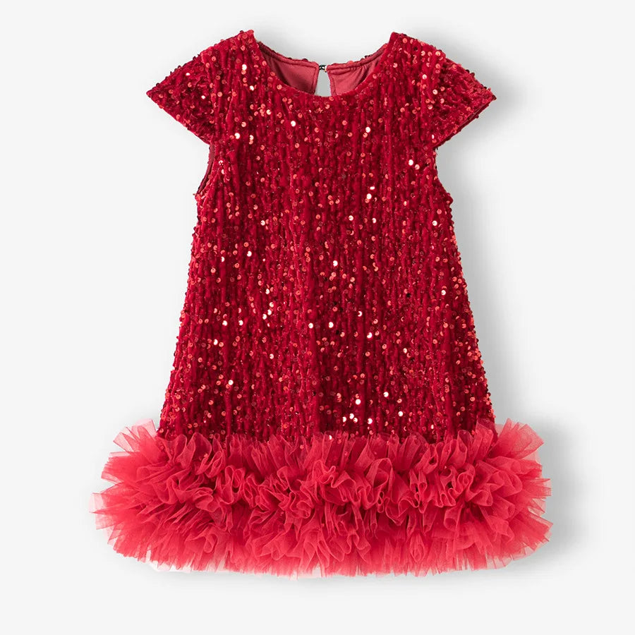 Girls Sequin Party Dress, Short Sleeve Sparkle Dress with Fluffy Mesh Ruffle Hem and Cotton Blend Lining for Birthdays and Holiday Photos, 2T-6T