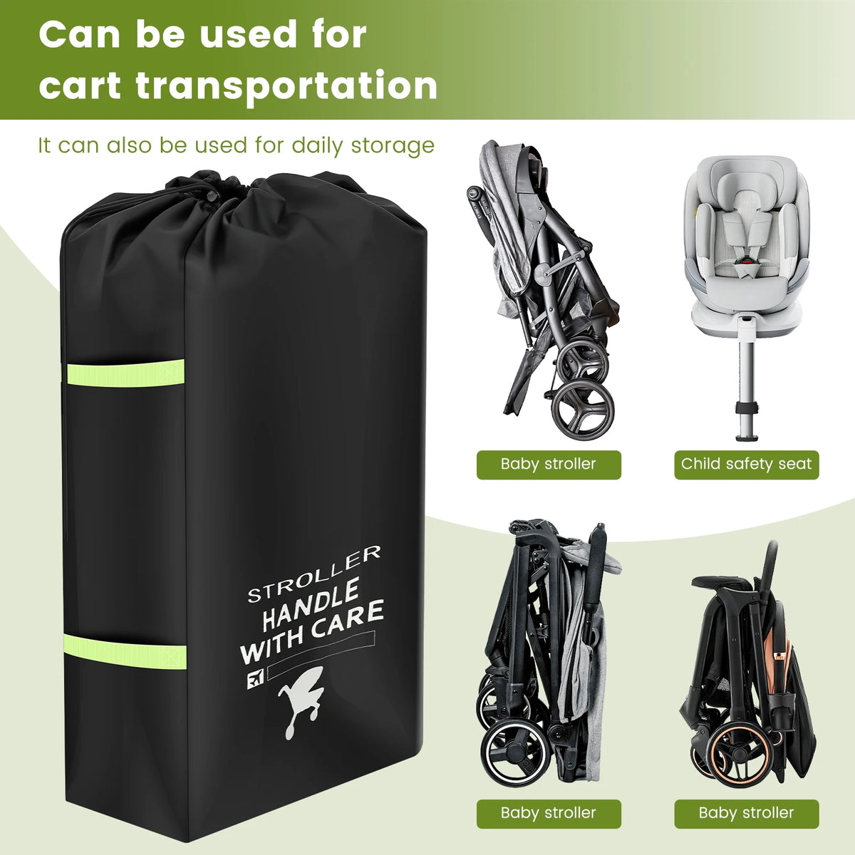 Stroller Transport Cover Bag in 300D Oxford Cloth, Black Drawstring Travel Storage with Carry Strap and Name Tag Area for Flights and Road Trips