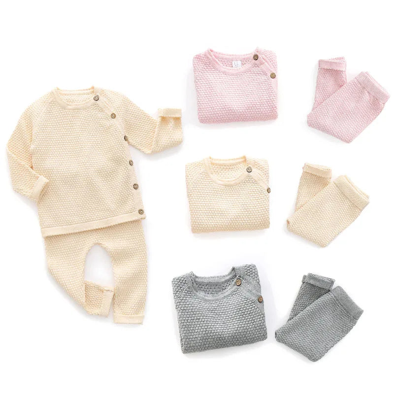 Baby Cotton Knit Sweater Set with Side Buttons and Matching Pants, Textured Two-Piece Outfit for Boys and Girls, Newborn to Toddler Sizes