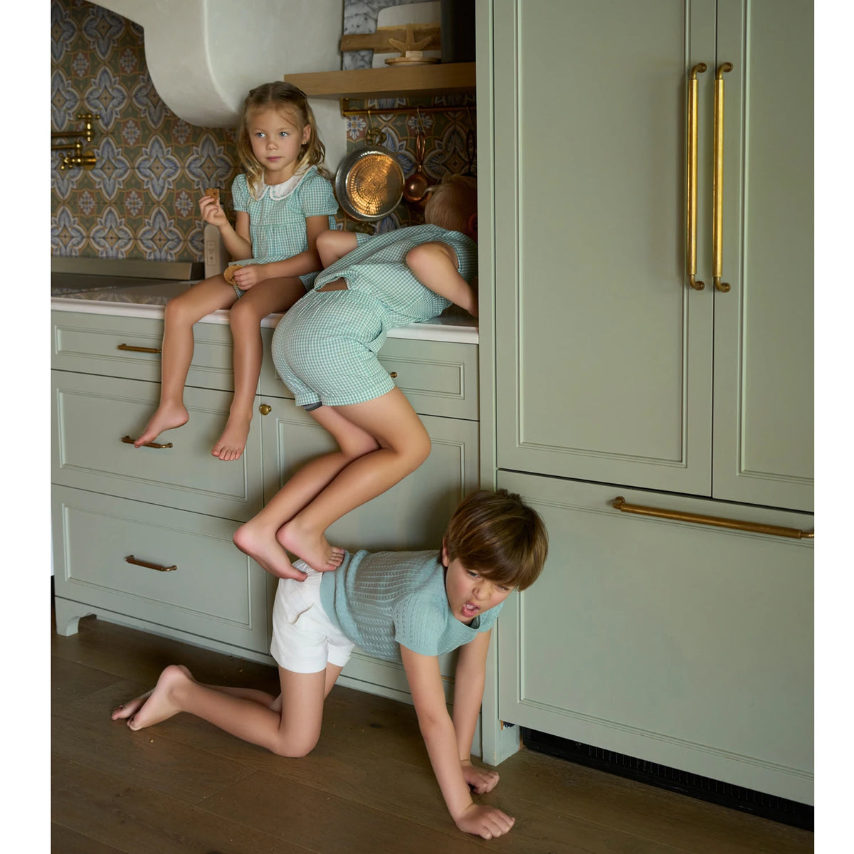 Sage Green Gingham Kids Outfits with Cotton Girls Dress and Baby Romper Options, Lyocell Knit Layers and Boys Separates for Sibling Family Photos