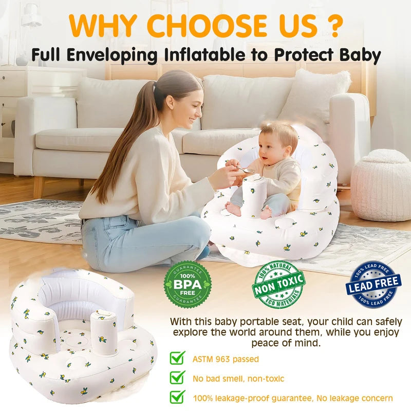 Inflatable Baby Sofa Seat with Built-In Air Pump, Portable Infant Floor Chair for Supervised Sitting and Play, Olive Flower or Bear Head