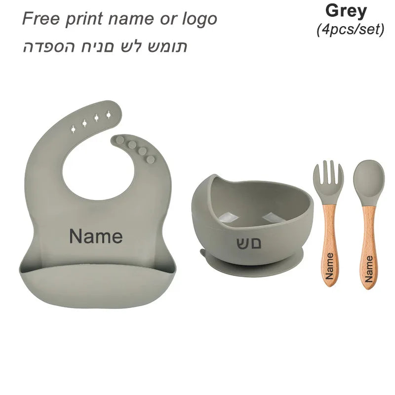 Personalized Baby Feeding Set with Silicone Suction Plate, Bowl, Spoon and Fork, 4-Piece or 6-Piece Tableware Options for Supervised Mealtimes