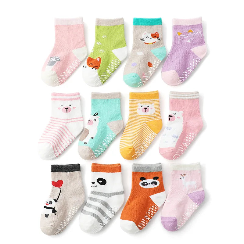 Cotton-Rich Baby Non-Slip Socks 12-Pair Pack, Crew Grip Socks with Ribbed Cuffs and Stretch Fit for Infant and Toddler Boys and Girls