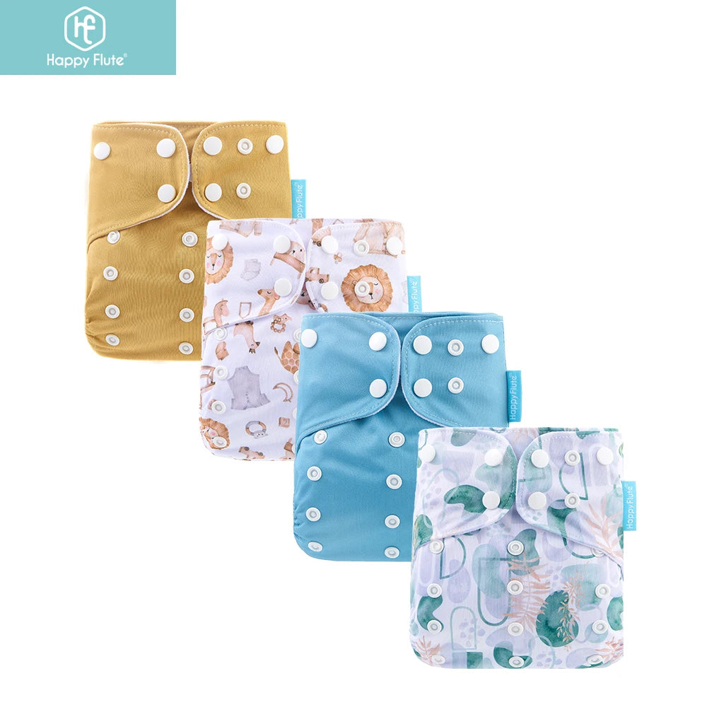 Reusable Cloth Diapers, Happyflute 4-Pack One-Size Pocket Baby Nappies with Adjustable Snap Closures, Washable Covers, Inserts Sold Separately