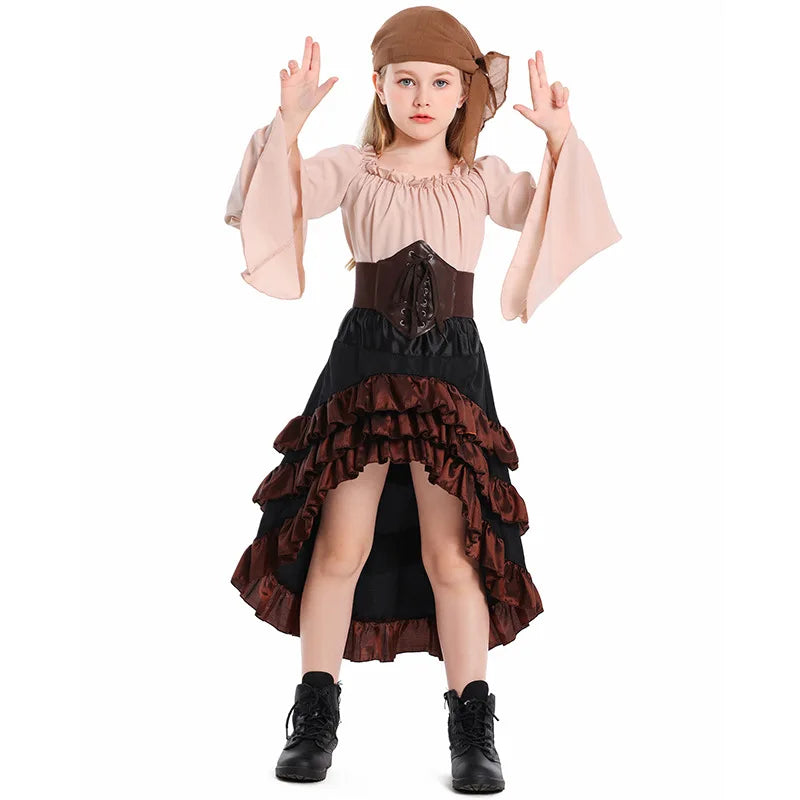 Girls Pirate Costume Set with Bell Sleeve Blouse, High-Low Skirt, Head Scarf and Lace-Up Waistband for Halloween and Dress-Up Parties