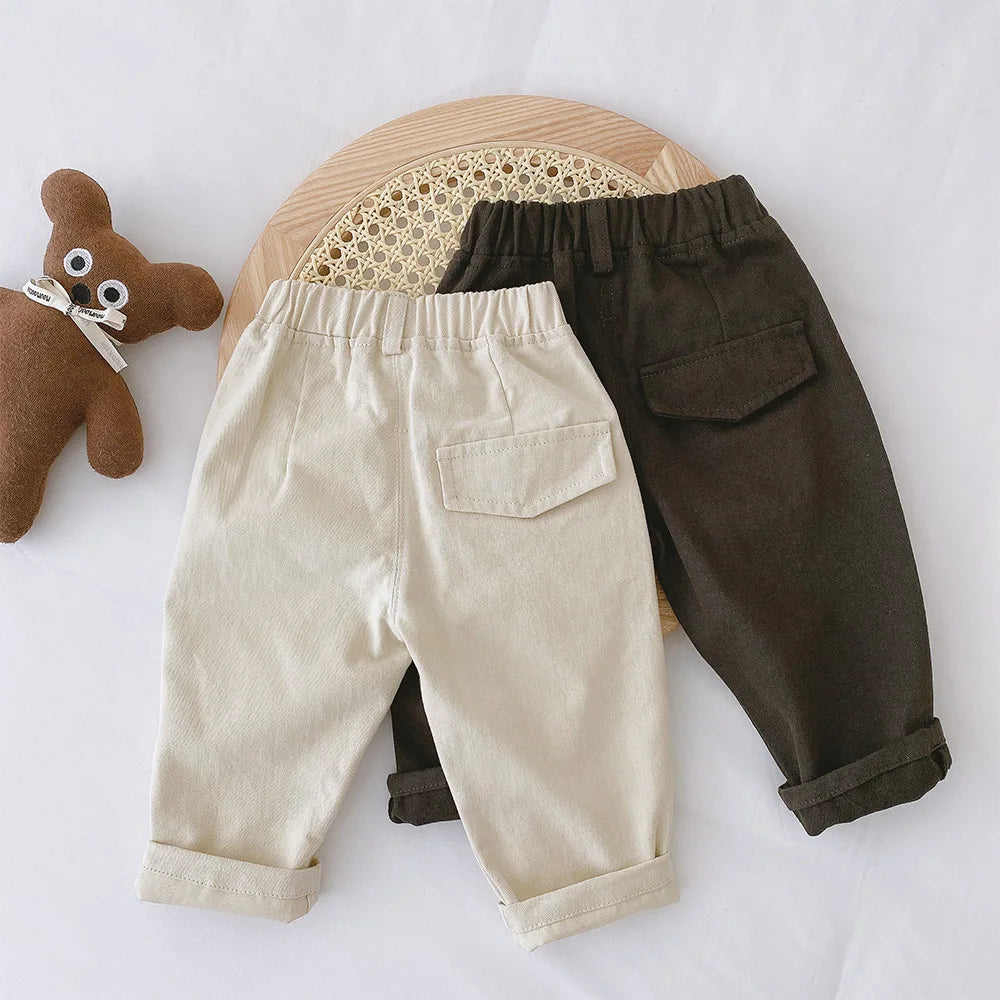 Toddler Cotton Canvas Pants with Elastic Waist and Side Pockets, Unisex Beige or Dark Gray Casual Trousers for Spring and Fall, Sizes 12M-6T