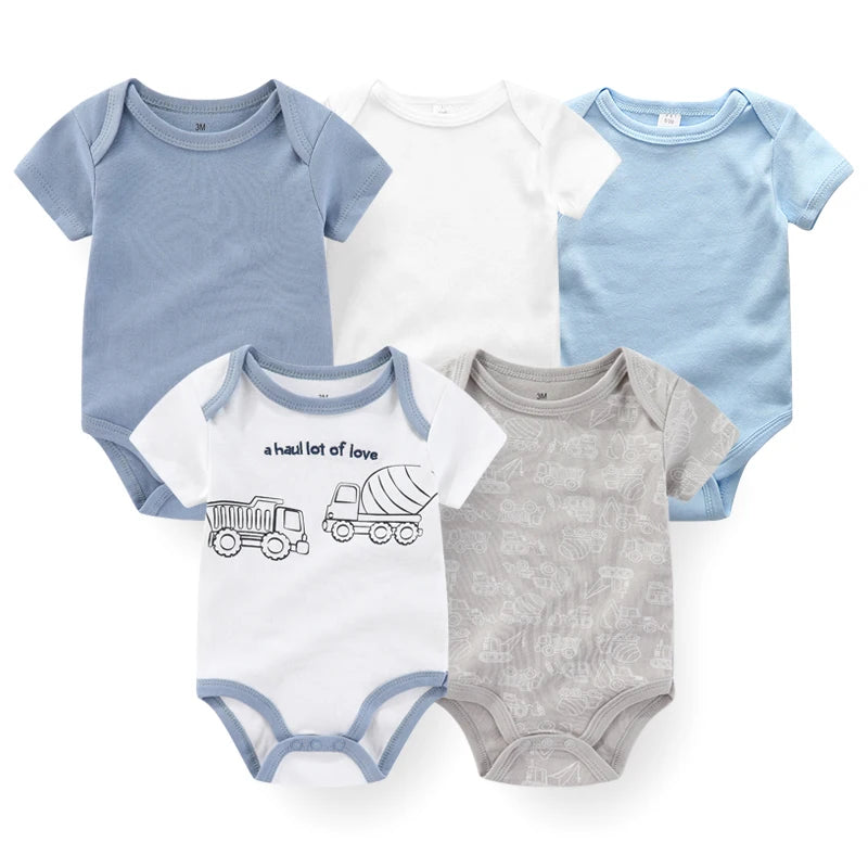 Cotton Baby Bodysuit Set of 5, Short Sleeve and Sleeveless Infant Clothing Styles with Solid Colors and Prints for Boys and Girls, 3M-12M