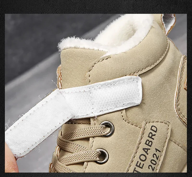 Kids Plush-Lined Winter Boots with Hook-and-Loop Ankle Strap and Lace-Up Front, Gray or Khaki High-Top Casual Shoes with Chunky Sole in Sizes 26–37