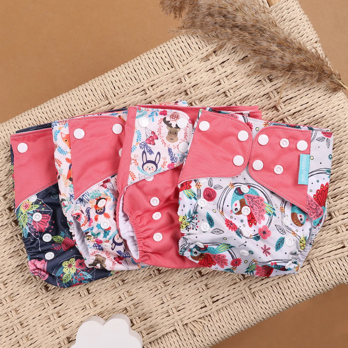 Pocket Cloth Diapers 4-Pack by Happyflute, Reusable Baby Nappies with Printed PUL Outer, Suede Cloth Lining and Snap Closures for 3–15 kg