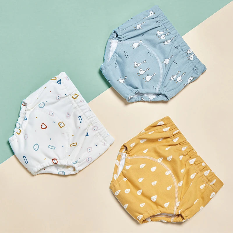 6-Layer Cotton Training Pants, 3-Pack Reusable Toddler Potty Underwear with Elastic Waist and Printed Designs in 90 cm and 100 cm Size Options