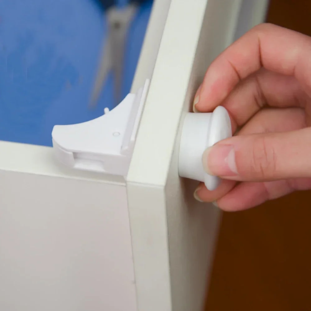 Magnetic Cabinet Safety Locks with Hidden Interior Latches and No-Drill Adhesive Installation for Compatible Drawers and Cupboard Doors