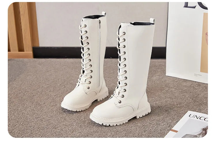 Lace-Up Knee-High Boots for Girls with Side Zippers and Chunky Soles, Black or Beige Motorcycle-Inspired Tall Fashion Shoes, Sizes 27–37