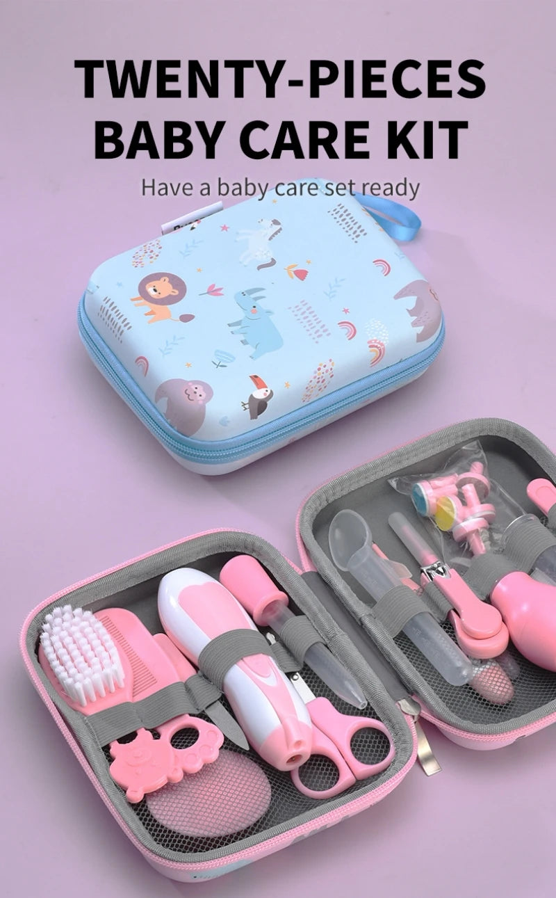 Baby Care Travel Organizer Kit, 20-Piece Grooming Set with Electric Nail Trimmer, Hair Brush, Comb and Animal-Print EVA Case in Blue or Pink