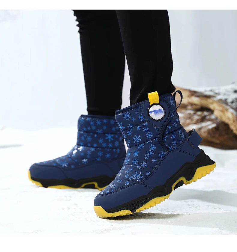 Snowflake Print Kids Winter Boots with Padded Shafts, Pull Tabs and Chunky Tread Soles, Pink Snow-Style Footwear for Boys and Girls