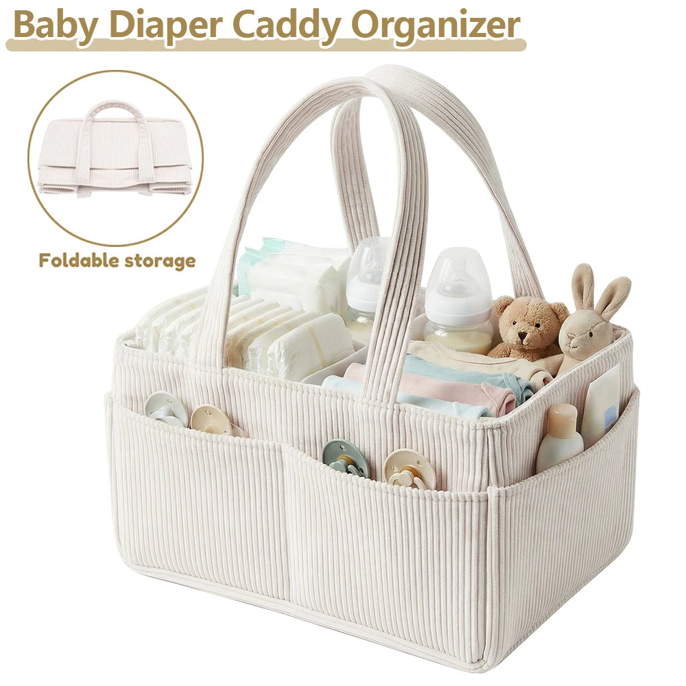 Portable Diaper Caddy Basket in Beige Corduroy with Dividers, Multiple Pockets and Carry Handles for Nursery Organization and Baby Changing Supplies