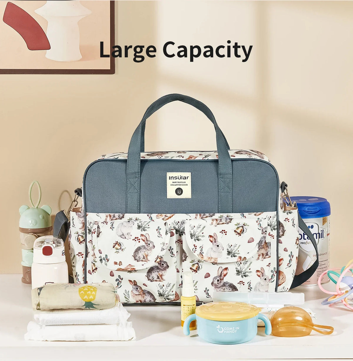 Diaper Tote Bag with Wide Opening and Printed Front Pockets, Large Capacity Baby Essentials Organizer for Moms, Travel and Everyday Outings