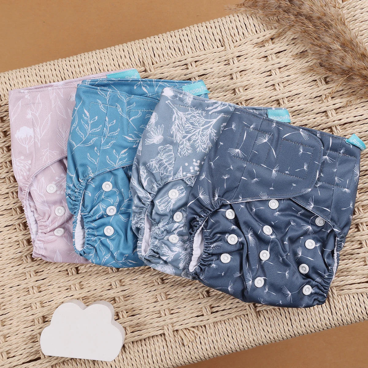 Pocket Cloth Diapers 4-Pack by Happyflute, Reusable Baby Nappies with Printed PUL Outer, Suede Cloth Lining and Snap Closures for 3–15 kg