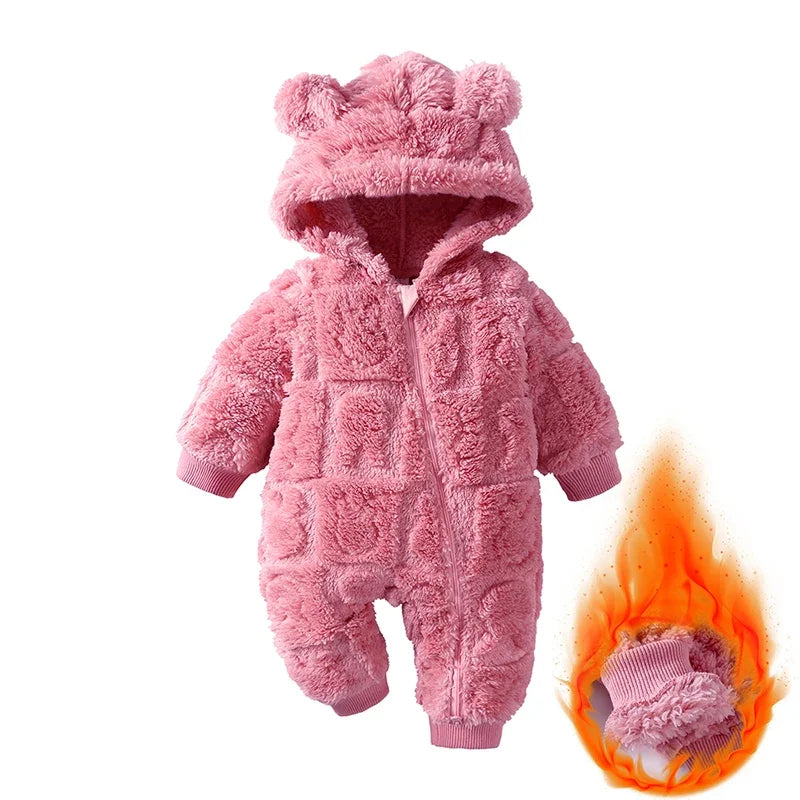 Baby Hooded Winter Romper with Long Sleeves and Cartoon Design, Cozy One-Piece Outfit for Infant Boys and Girls in Sizes 0 to 18 Months