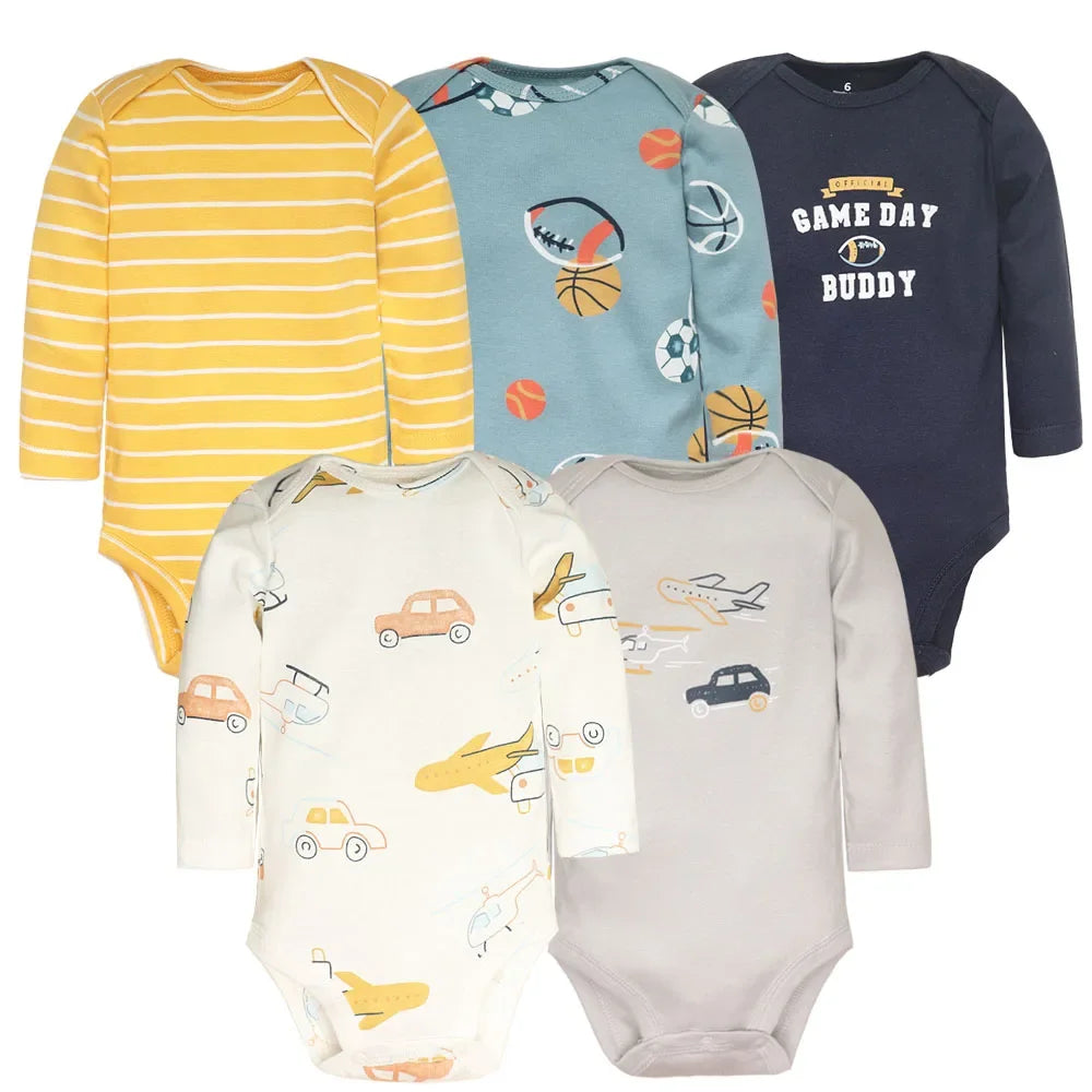 Baby Long Sleeve Bodysuits 5-Pack in Cotton, Everyday One-Piece Clothing Set for Infant Boys and Girls in 6 to 24 Month Sizes