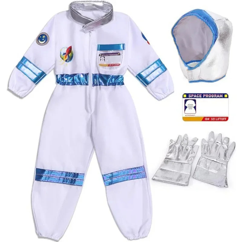 Space Explorer Costume for Kids with White Astronaut Jumpsuit, Space-Themed Patches and Metallic Trim Options for Halloween and Birthday Parties