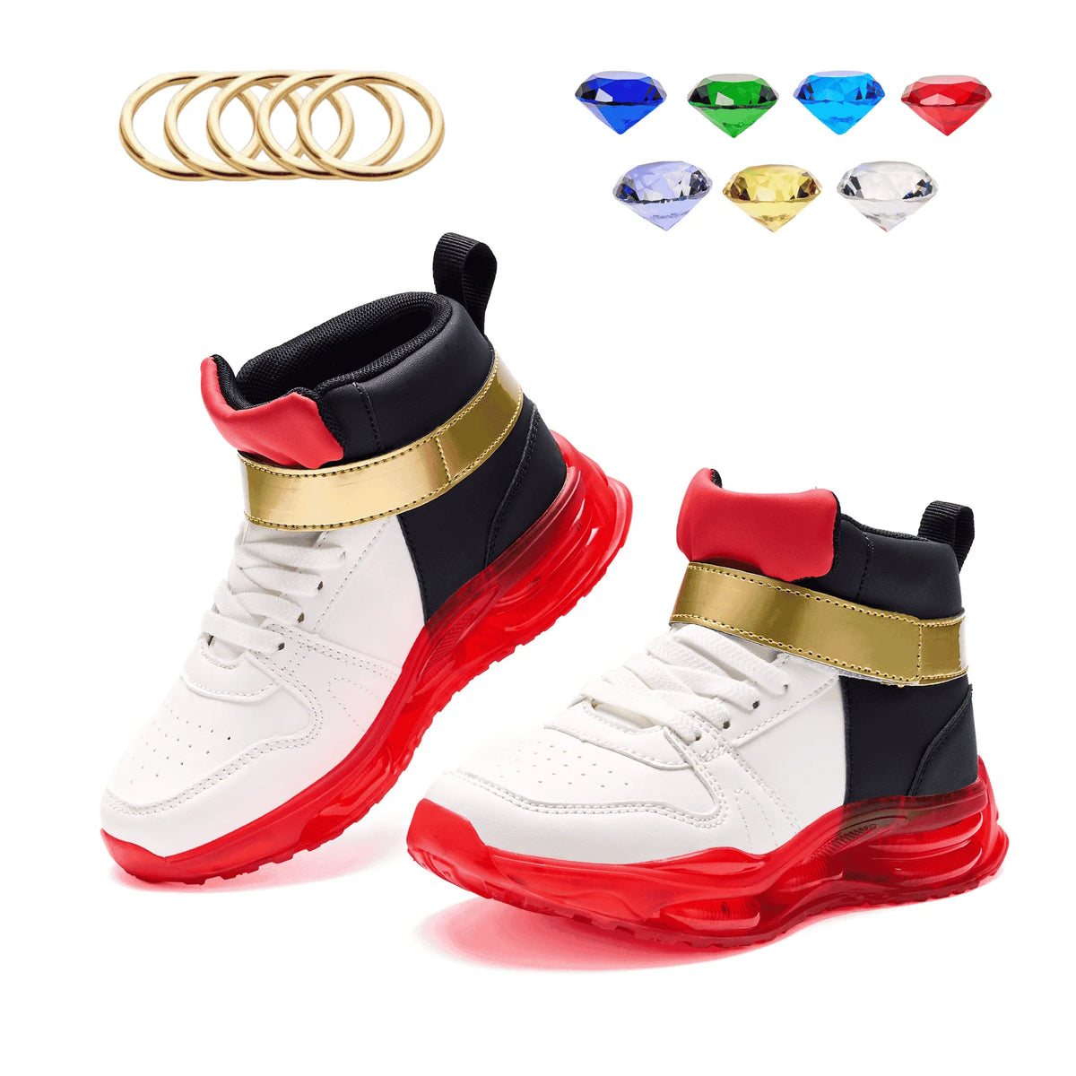 Shadow-Inspired High-Top Sneakers with Red Soles, White and Black Panels and Gold Strap Detail for Kids, Teens and Adult Casual Outfits