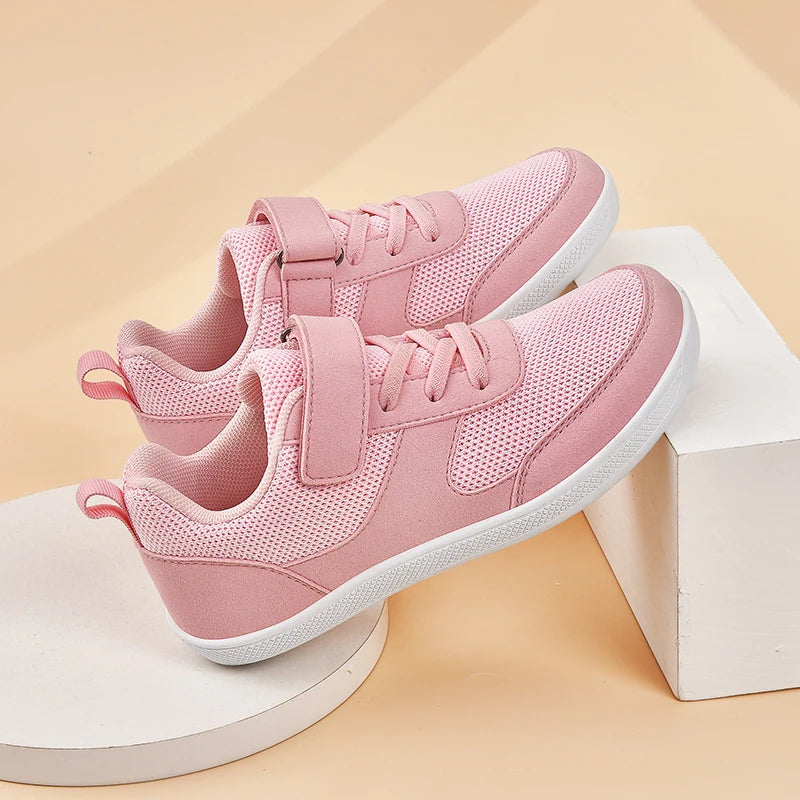 Kids Breathable Mesh Walking Shoes with Wide Toe Design, Hook-and-Loop Strap and Textured EVA Soles in Blue, Black, Pink or Grey