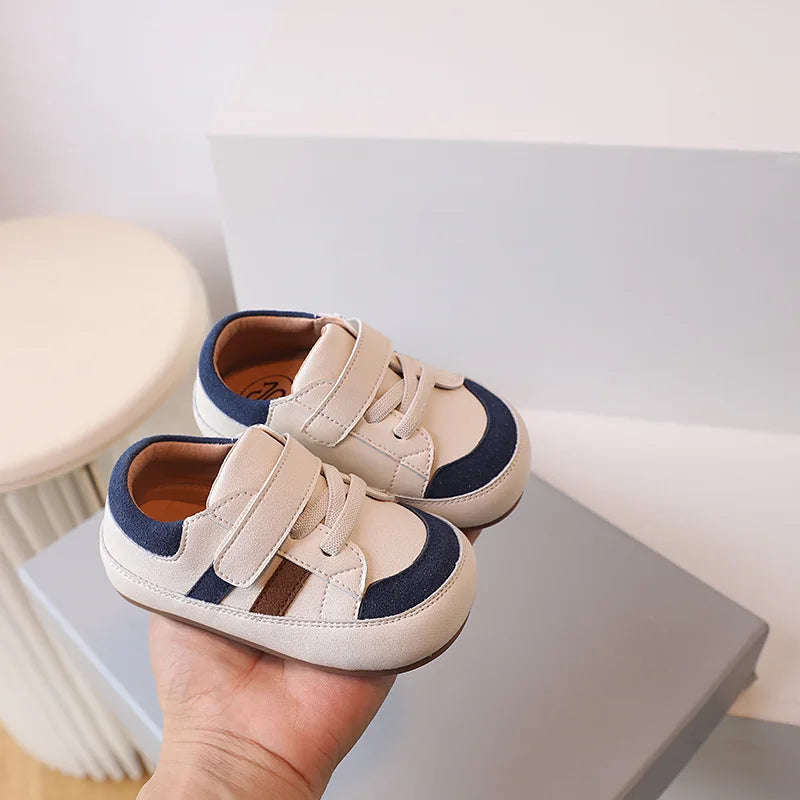 Baby Colorblock Strap Sneakers in Microfiber Leather, DIMI Low-Top Casual Shoes for Boys and Girls in Blue Pink or Brown, Spring and Fall Outfits