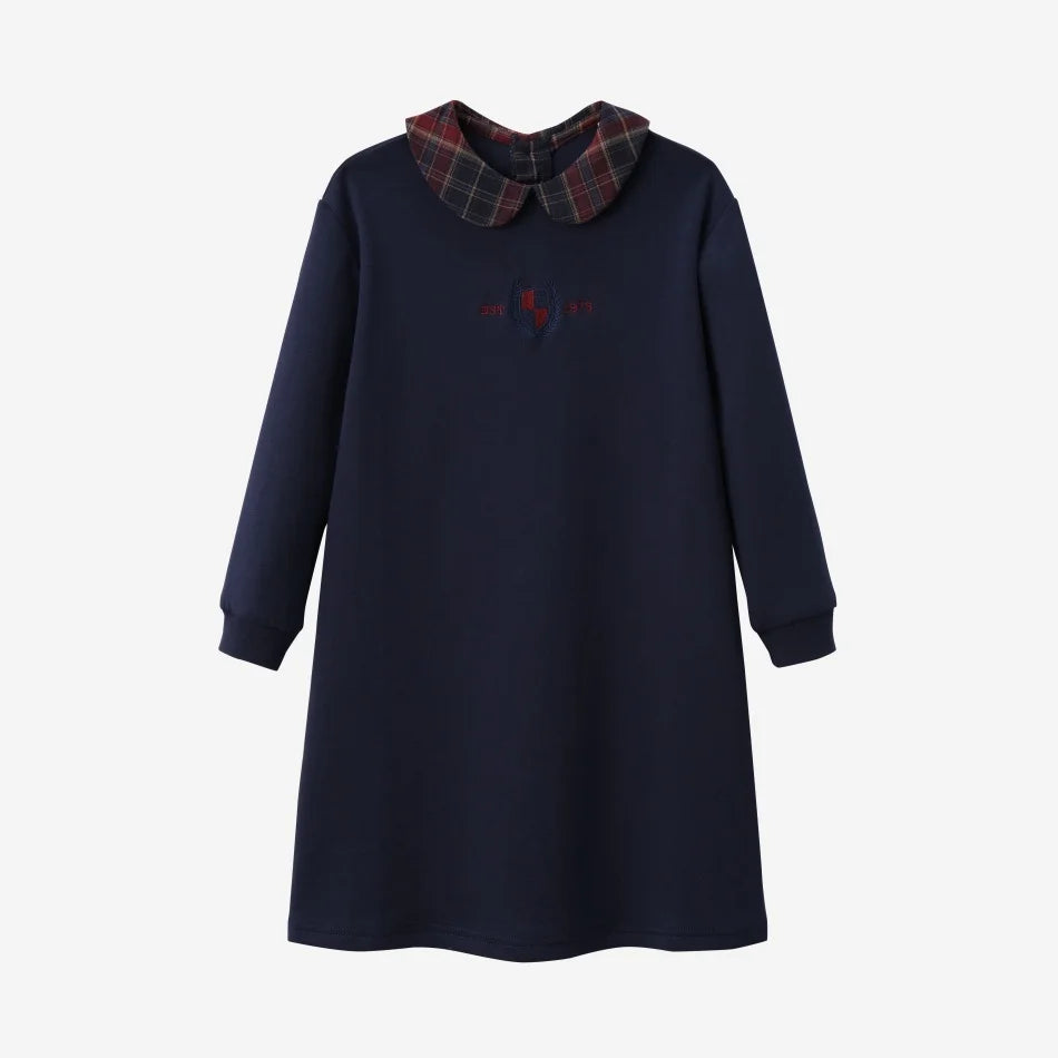 Kids Matching Varsity Outfits, Navy Embroidered Tops, Denim Skirts and Dresses for Babies, Boys and Girls, Sibling Photos and Fall Layering