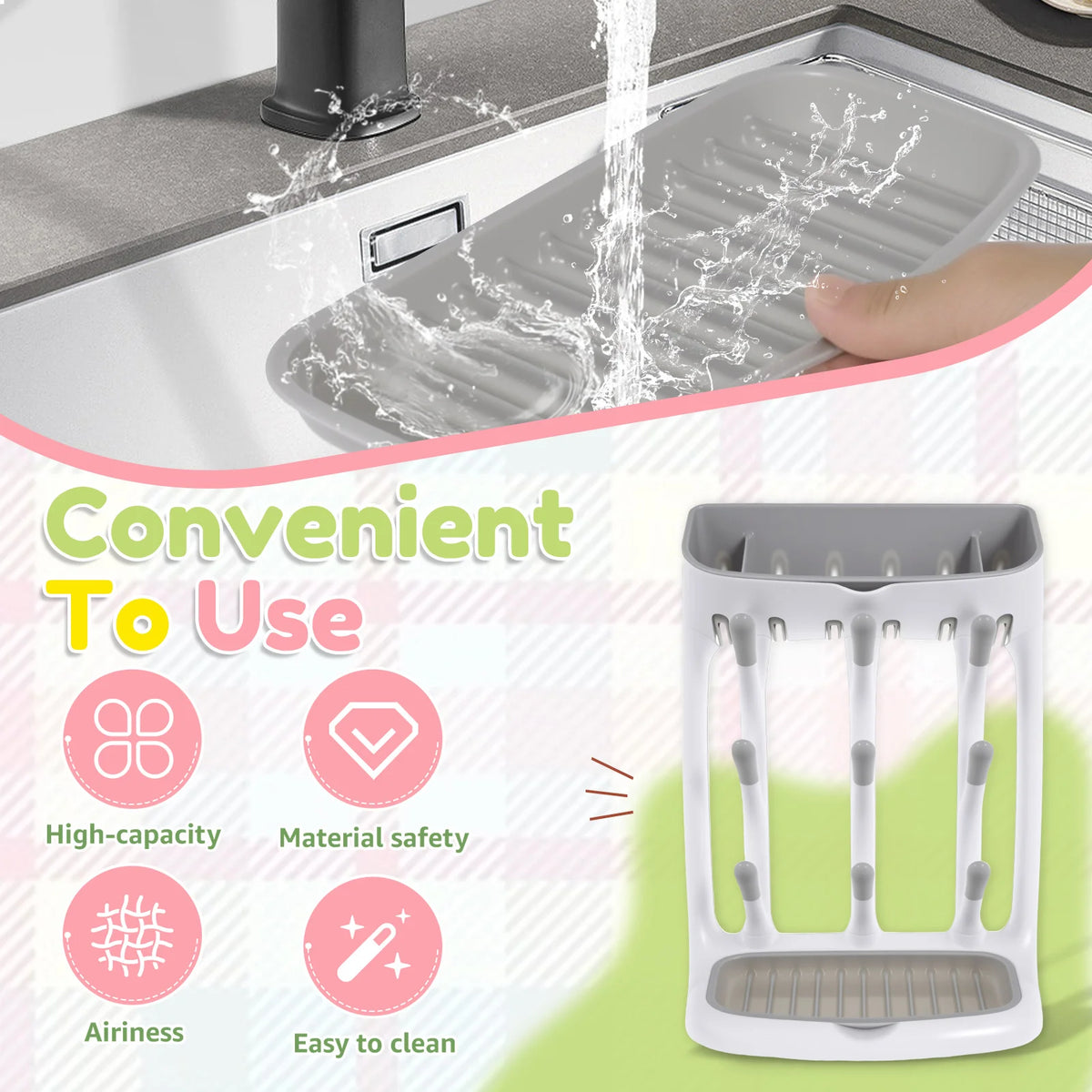Angled-Holder Baby Bottle Drying Rack with Top Accessory Storage and Detachable Drain Tray, ABS and PP Countertop Feeding Organizer