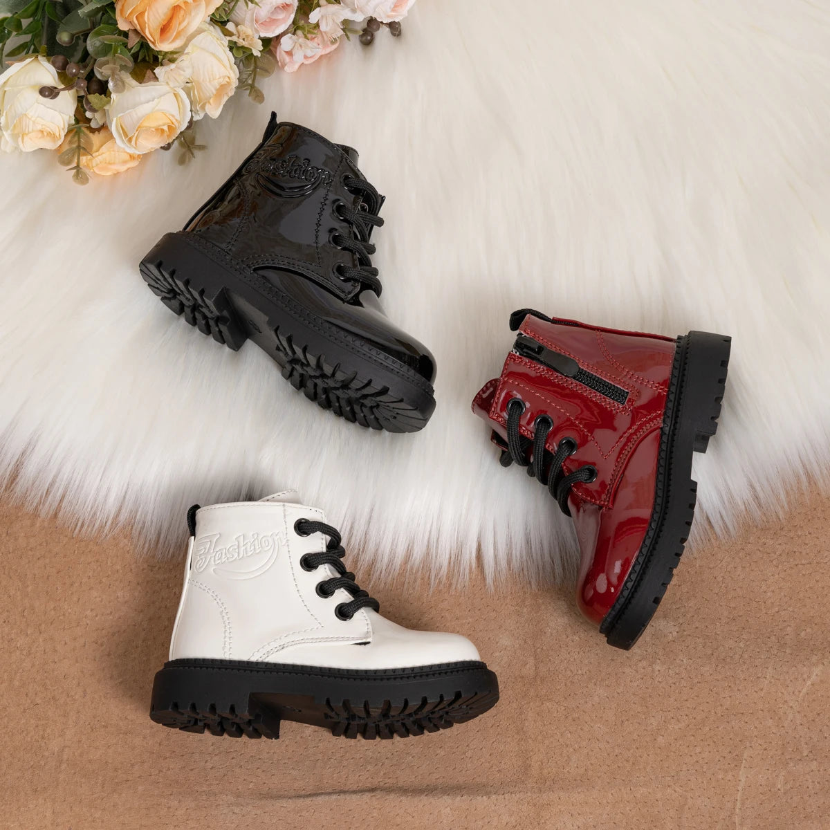 Kids PU Leather Combat Ankle Boots with Lace-Up Front, Side Zipper and Black Chunky Soles, Boys and Girls Fall Winter Shoes in Sizes 21-30