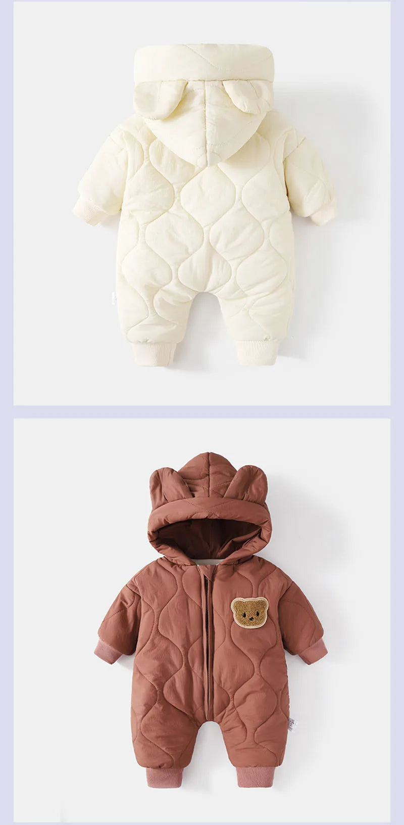 Winter Baby Bear Snowsuit, Quilted Hooded One-Piece with Plush Lining, Front Zipper and Ribbed Cuffs for Infant Boys and Girls