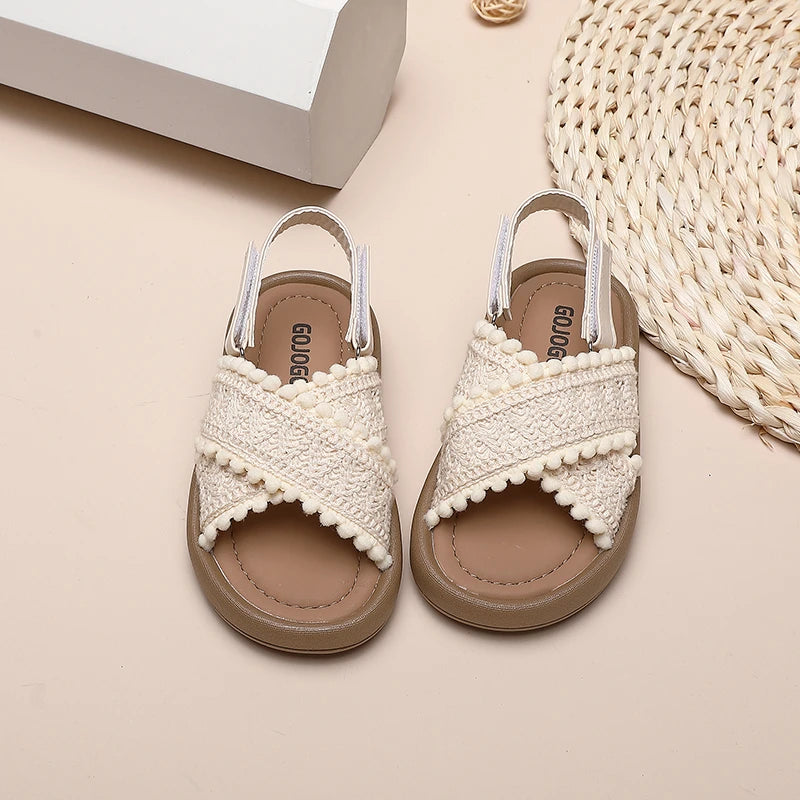 Girls Cross Strap Sandals with Textured Trim and Open Toe Design, Brown or Beige Retro Summer Shoes for Casual Outfits and Vacation Photos