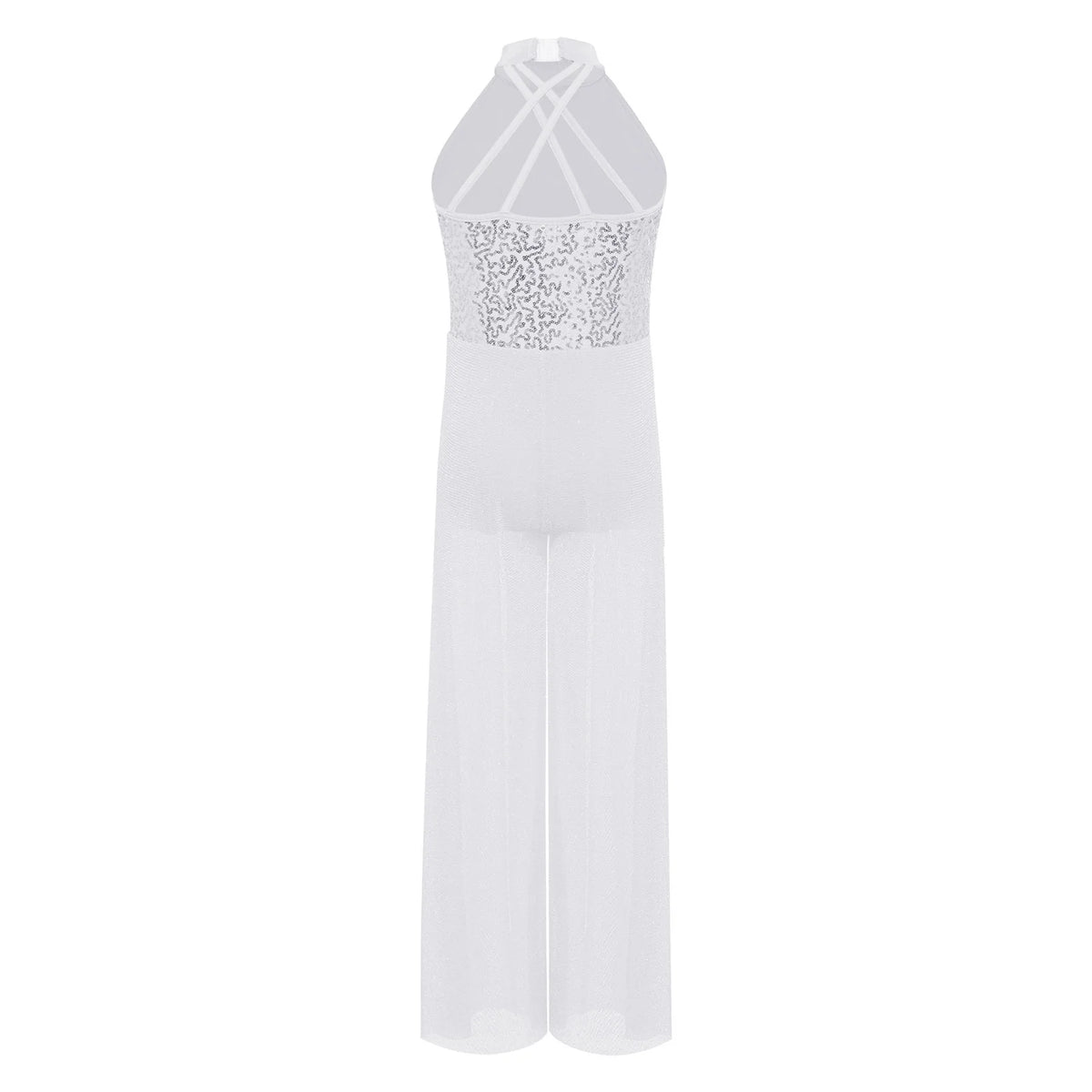 Girls Sequin Dance Jumpsuit with Split Wide-Leg Mesh, Sleeveless Mock Neck and Crisscross Back for Lyrical Recitals and Stage Performances