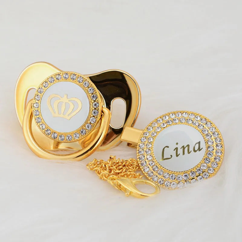 Personalized Crown Pacifier and Clip Set by MIYOCAR with Custom Name Detail, Rhinestone Decoration and Multiple Color Options for Keepsake Gifts