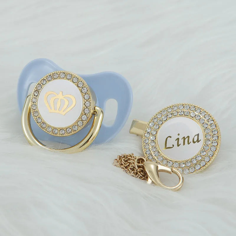 Personalized Crown Pacifier and Clip Set by MIYOCAR with Custom Name Detail, Rhinestone Decoration and Multiple Color Options for Keepsake Gifts