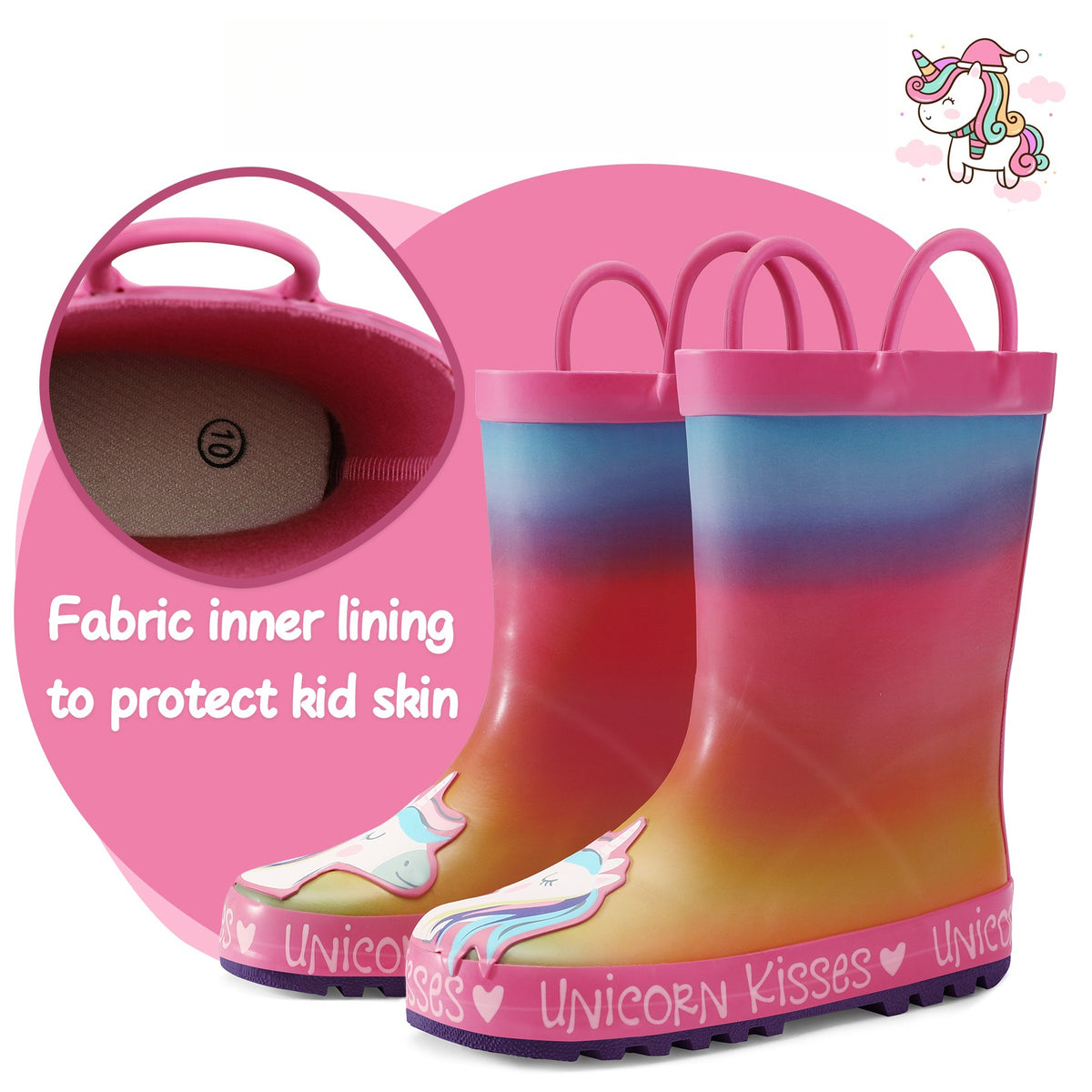 Pull-Handle Kids Rain Boots in PVC, Rainbow Unicorn and Other Color Options with Cartoon Details and Anti-Slip Sole for Toddler to Big Kid Rainy-Day Outings