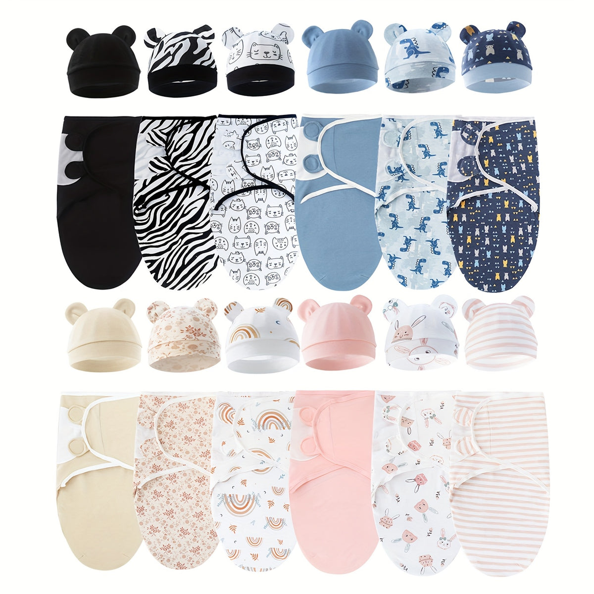 Newborn Blanket and Hat Set for 0 to 3 Months, Coordinated Baby Wrap and Cap in Multiple Color and Print Styles for Coming-Home Photos and Gifting